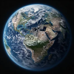 Photo of the Earth following an apocalyptic event, showing the ruins of cities and civilization from 500,000 miles away. Ultra-realistic. 4K.