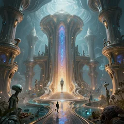 a beautiful intergalactic palace with alien inhabitants