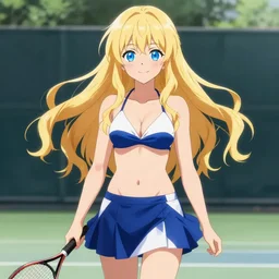 a very beautiful young anime tennis girl, full body, long wavy blond hair, sky blue eyes, full round face, short smile, bikini, miniskirt, highly detailed, cinematic wallpaper by stanley artgerm lau