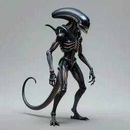 “A black, human sized, bipedal alien, standing still, with long black arms and legs, a skinny torso with visible ribs, with a long, muscular tail, and a large, curved, oblong head ending in a skull face. Artwork by H.R.Giger”