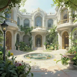 a luxurious scifi futuristic victorian garden courtyard by robert mccall, moebius