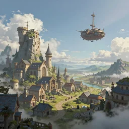 landscape an fantasy town in the sky and an skyship flying towards it, andreas rocha