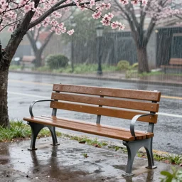 beautiful 8 k realistic front - shot illustration of an empty bench at the side of the street in the pouring rain, spring, detailed, 4 k resolution, dynamic lighting, beautiful coloring and glossy shadows