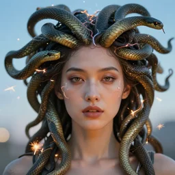 a cyberpunk extreme close up portrait of cyborg medusa, electricity, snakes in hair, sparks, bokeh, soft focus, skin tones, warm, sky blue, daylight, by monet, paul lehr, jesper ejsing