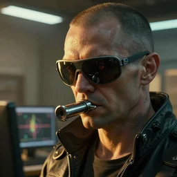 cyberpunk cop, office, muzzle close up, atmospheric lighting, painted, intricate, golden hour, ultra detailed by peter gric, giger, enki bilal