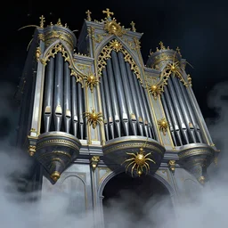 illustration of close low angle view of an ornate obsidian gothic pipe organ with gold spidery embellishments, night, smoke, ground fog, by frank frazetta, vincent di fate, obtuse angles, lines, super detailed, digital art, trending on artstation, ornate