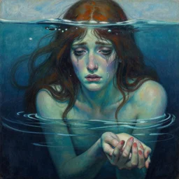alone, drowning, sorrow, despair. someone sinking into the inky depths and holding their own soul as the last glimmer of hope fades. by peter mohrbacker. by greg rutkowski. grimdark fantasy, vividly detailed pastel ink painting on oiled canvas. art nouveau, by alphonse mucha. portrait of a weeping visage under the waters.
