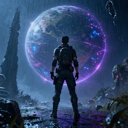 an epic cinematic scene on a fantasy planet, neon rain, character art, rendered in octane, unreal engine