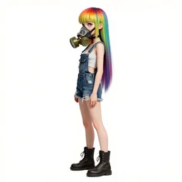 a grungy woman with rainbow pixie cut hair, soft eyes and narrow chin, dainty figure, long hair straight down, torn overalls, short shorts, combat boots, gasmask, basic white background, side boob, symmetrical, single person, style of by jordan grimmer and greg rutkowski, crisp lines and color,
