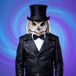 owl wearing black biker jacket, portrait photo, backlit, studio photo, suit, bow tie, background pastel, swirling kobalt blue and rich purple, tophat, tophat
