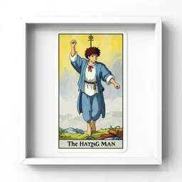 the Hanged Man tarot card as drawn by studio ghibli, whole card, white frame
