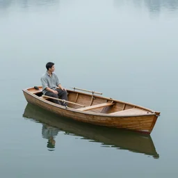 A man sitting in a wooden boat in the middle of a small lake wearing a bucket hat and holding a fishing rod. Sunset. Vibrant. Artistic realism.
