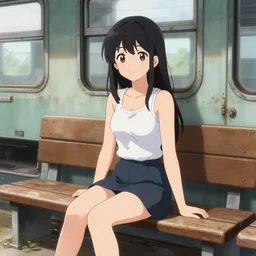 cell shaded, anime teenager wearing a tank top and mini skirt sitting on a bench in an abandoned train station, wlop, ilya kuvshinov, artgerm, krenz cushart, greg rutkowski, hiroaki samura, range murata, james jean, katsuhiro otomo, erik jones
