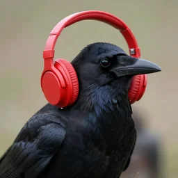 a crow in red headphones