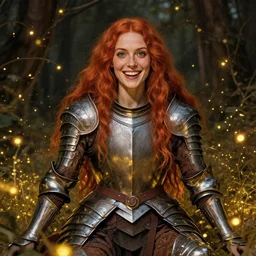 a totally amazed smiling fit warrior woman surrounded by golden firefly lights in a mesmerizing scene, sitting amidst nature fully covered! intricate detailed armor, long loose red hair, precise linework, accurate green eyes, small nose with freckles, beautiful smooth oval head, expressive emotions, hyper realistic ultrafine portrait by artemisia gentileschi, jessica rossier, greg rutkowski