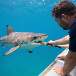 a man feeding a shark