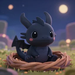 a portrait of a cute happy tiny black chibi dragon in a nest, under the night sky, black eyes, artstation, by magali villeneuve, depth of field, beautiful lighting, pastel colors, bokeh, fantasy art