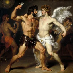 muscular zeus wears leather and drinks martinis at a celestial dance club and falls in love with the handsome god jupiter, painting by gaston bussiere, craig mullins, j. c. leyendecker, tom of finland