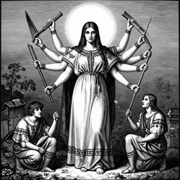 marana slavic goddess with ak - 4 7 in six arms in traditional slavic clothes : by gustave dore and greg rutkowski and wlop, mystic high contrast monochromatic noir