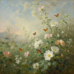 the flowers and butterflies are in bloomed fields, realistic, ethereal, cinematic, in the style of jean - honore fragonard, detailed oil painting