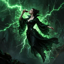 a highly detailed matte painting of christina hendricks as an unbelievably powerful vampire witch, drinking wine, floating in the air doing blood magic, viewed in profile from far away, crackling green lightning, ultrawide lens, art by artgerm and greg rutkowski and alphonse mucha, volumetric lighting, octane render, 4 k resolution, trending on artstation, masterpiece