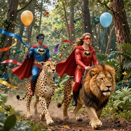 superheroes are riding on cheetah and a lion through the forest with colorful ribbons and party confetti and ballons, concept art, huge scale, high detail, sci fi by James Jean
