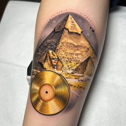 golden record and pyramids of giza tattoo, high detailed, high contrast, polkadot trash, artstation trending, 1 st place,