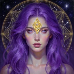 beautiful woman with glowing purple hair, crystal gold third eye, geometric third eye triangle, sci - fi face, constellation geometry mandal background, breathtaking stars, elegant, highly detailed, digital painting, artstation, concept art, smooth, sharp focus, spiritual art, art by artgerm and greg rutkowski and alphonse mucha, psychedelic, illustration, painting oil, on canvas, intricate, portrait, detailed, illustration, hd, digital art, overdetailed, art, concept