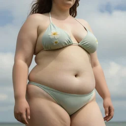close - up fashion bikini fat woman portrait airy flowers cloudy sky art by vasnetsov,