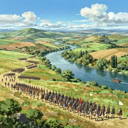 Wide shot of epic Italian landscape near river Aufidus, distant battle of Cannae 216 BCE, with republic-era Roman soldiers in formations, Carthaginian phalanxes in formations, by Raphael Lacoste, greg rutkowski, makoto shinkai