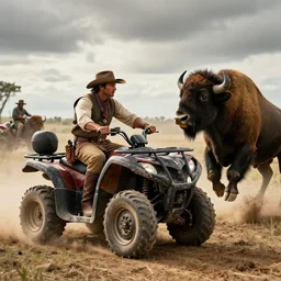 indian on ancient atv attacking bisons, action scene, an epic western, dramatic lighting, cinematic, establishing shot, extremely high detail, photorealistic, cinematic lighting, artstation, octane render, old photo, buffalo hunt movie, alpha movie, western