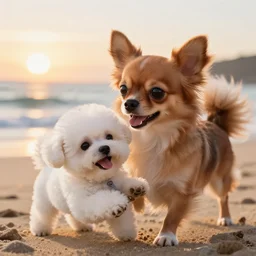 a photorealistic closeup image of a cute brown colored long haired chihuahua cocker spaniel dog playing with a happy white bichon frise puppy on the beach. sunset, surf. brightly lit. extreme detail. unreal engine