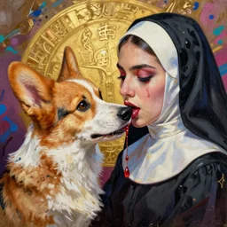 beautiful painting of vampire corgi sucking nun's blood, by noah bradley, patrick woodroffe, posuka demizu, qing han, trending on artstation, 8 k, masterpiece, graffiti paint, fine detail, full of color, intricate detail, golden ratio illustration, face enhance