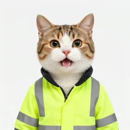 smiling cat in a high vis jacket