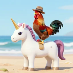 a photo of a rooster wearing a fedora standing on a unicorn at the beach with a rainbow in the sky, detailed, vibrant, realistic, sunset, clear, 8k, hd, award winning image