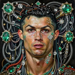renaissance oil painting, Cristiano Ronaldo integrating with technology, full face, frontal center, portrait, gaudy, detailed intricate ornate cables connected to the head, large open electric eyes, luxurious detailed abundant wiring and implants, diamonds, science fiction, neon, emeralds, detailed technology, full background, very detailed, artstation, Rene Lalique, Eddie Mendoza and Gil Elvgren - n 9