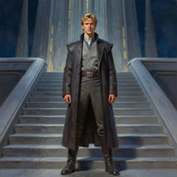 anakin at the steps of the jedi temple, oil paint, concept art, art station, highly detailed, nighttime