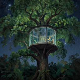 a giant big tall tree lush with leaves and branches, with a big window up there, someone is inside the window looking out to the milky way. highly detailed painting by gaston bussiere, greg rutkowski, craig mullins 8 k
