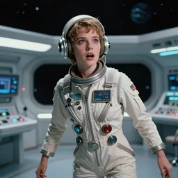 Cinestill 50d, 8K, 35mm,J.J Abrams flare; beautiful ultra realistic vaporwave minimalistic shri yantra pilot in space(1950) film still medical bay scene, 2000s frontiers in blade runner retrofuturism fashion magazine September hyperrealism holly herndon edition, highly detailed, extreme closeup three-quarter model portrait, tilt shift LaGrange point orbit background, three point perspective: focus on anti-g flight suit;pointé pose;open mouth,terrified, eye contact, soft lighting