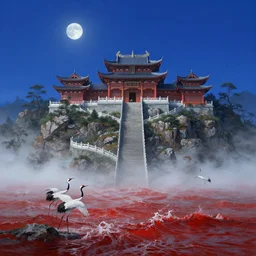 a gorgeous landscape painting by barlowe wayne maxfield parrish and marco mazzoni. drak blue night sky with just one moon!! chinese temple. he winding steps. three cranes. ultra clear detailed. 3 d, octane render. turbulent blood lake. fog