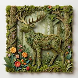 small and dense intricate vines, moss, roots, colorful flowers, and tree branches take the detailed form of an elk standing in a lush forest, woven art, vine art, wicker art