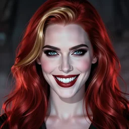 beautiful scary female vampire, Jennifer Connelly, Rafael Albuquerque comic art, glowing red and gold hair, smiling, sharp teeth, clear clean face, two perfect eyes, perfect eyes perfect symmetrical eyes, symmetrical face, sarcastic pose, dark and smoky background