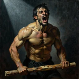 portrait of a muscular woodcutter, oil on canvas, sinister, dark angular natural tones, harsh face, rule of thirds, screaming, spotlight, raining, by caravaggio, by moebius, by el greco, by picasso, digital painting