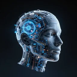 a head made out of software floating in space, dramatic lighting