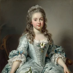 a rococo and neoclassical clear portrait of a beautiful and young teenaged french princess sitting down with a flower in her hand made in 1 7 7 2 by joseph ducreux pastel on parchment, 1 7 7 0 s, highly detailed, beautiful face, symmetry
