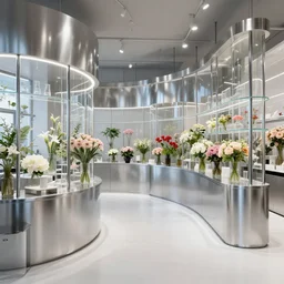 high detailed image, silver steel & glass, labotory concept flower shop interior design