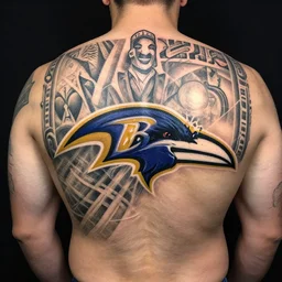 a man with a ray lewis baltimore ravens tattoo on his back, a tattoo by richard mortensen, reddit contest winner, primitivism, tattoo, detailed, intricate