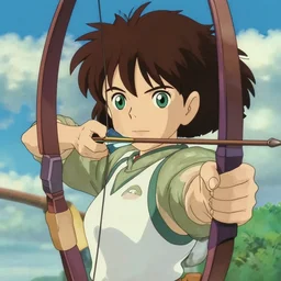 illustration of a brown short hair anime girl with green eyes wielding a bow and arrow in the style of studio ghibli, ayami kojima, and 90's anime, realistic shaded perfect face, fine details. Anime