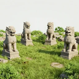 a photograph of an overgrown archeological site with statues of mythical beasts, 4 k, octane render, deviantart,