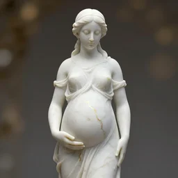 a statue made of white marble with gold veins, of an beautiful pregnant woman, perfect symmetrical body, perfect symmetrical face, closed eyes, hyper realistic, hyper detailed, fujicolor superia, bokeh background, full body shot, by peter kemp, by monia merlo octane render, blender, 8 k